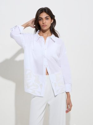 LOV White Botanical Embroidered Cotton Shirt