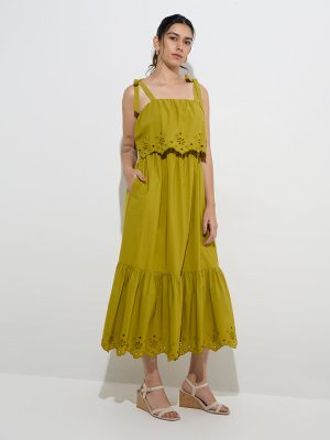 LOV Olive Schiffli Detailed Cotton Tiered Dress