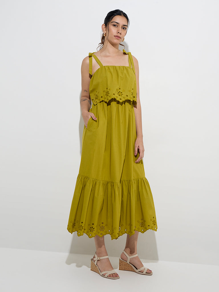 LOV Olive Schiffli Detailed Cotton Tiered Dress