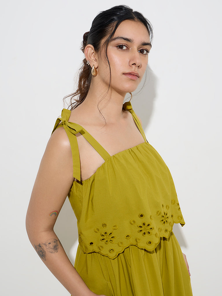 LOV Olive Schiffli Detailed Cotton Tiered Dress - Image 2