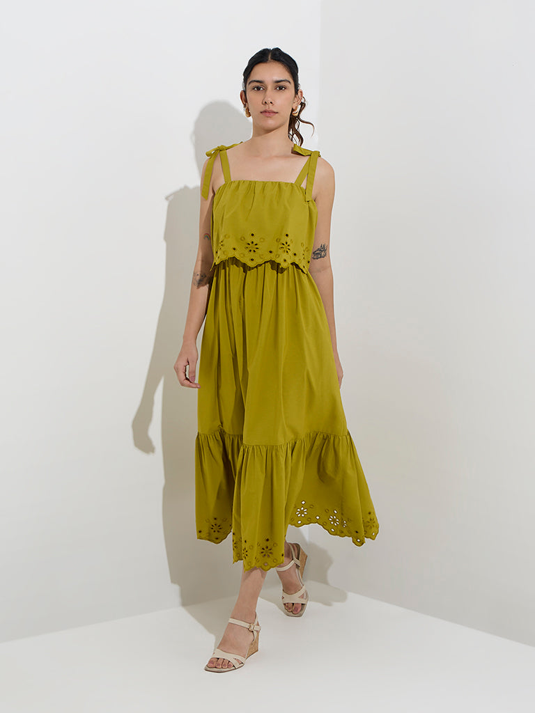 LOV Olive Schiffli Detailed Cotton Tiered Dress - Image 3