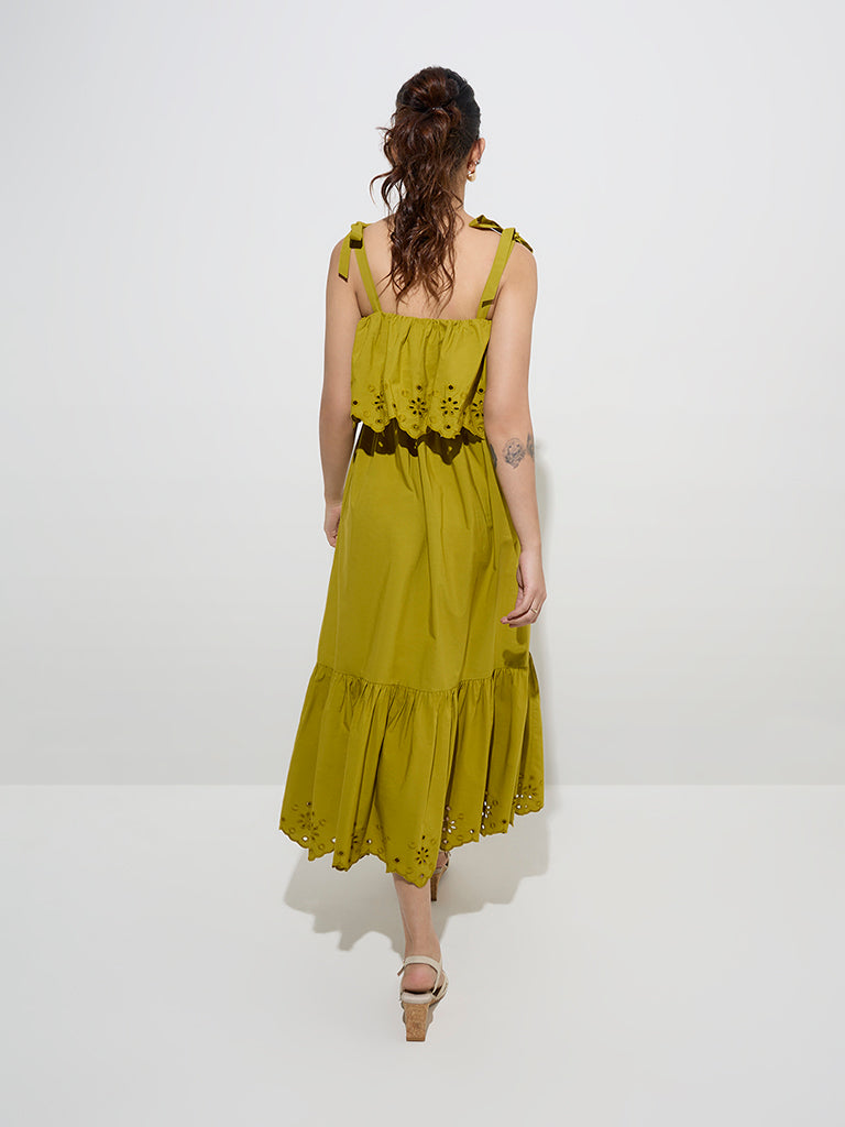 LOV Olive Schiffli Detailed Cotton Tiered Dress - Image 4