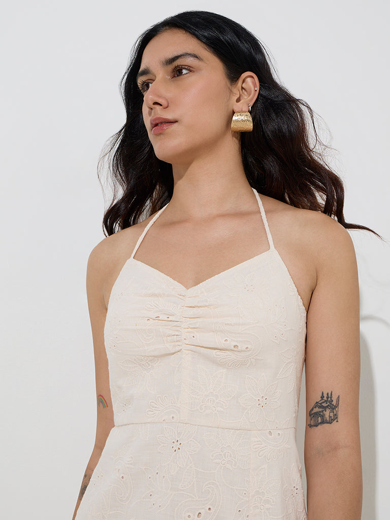 LOV Off-White Floral Embroidered Cotton Straight Dress - Image 2
