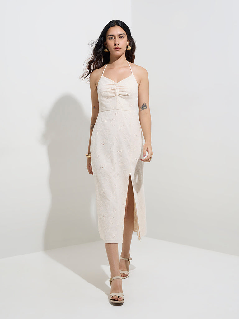 LOV Off-White Floral Embroidered Cotton Straight Dress - Image 3