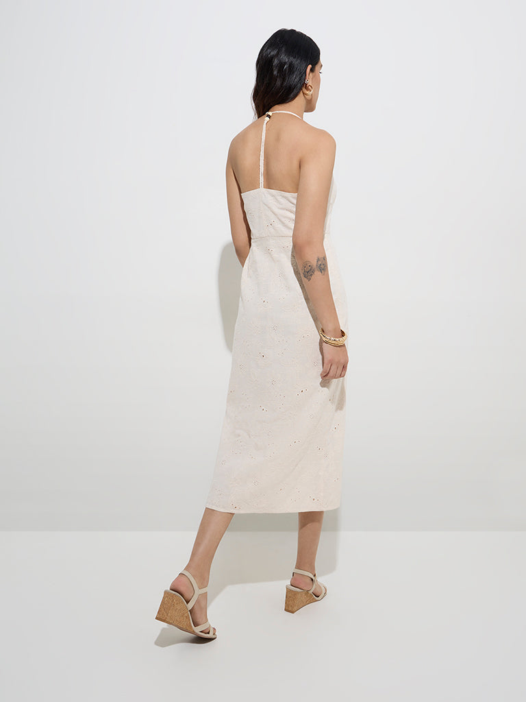 LOV Off-White Floral Embroidered Cotton Straight Dress - Image 4