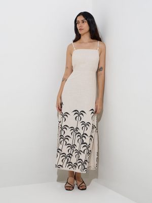 LOV Beige Tropical-Inspired A-Line Dress
