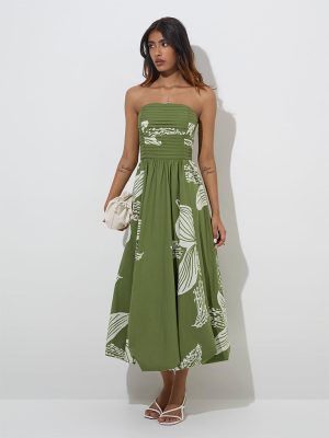 LOV Green Botanical Design Cotton A-Line Dress