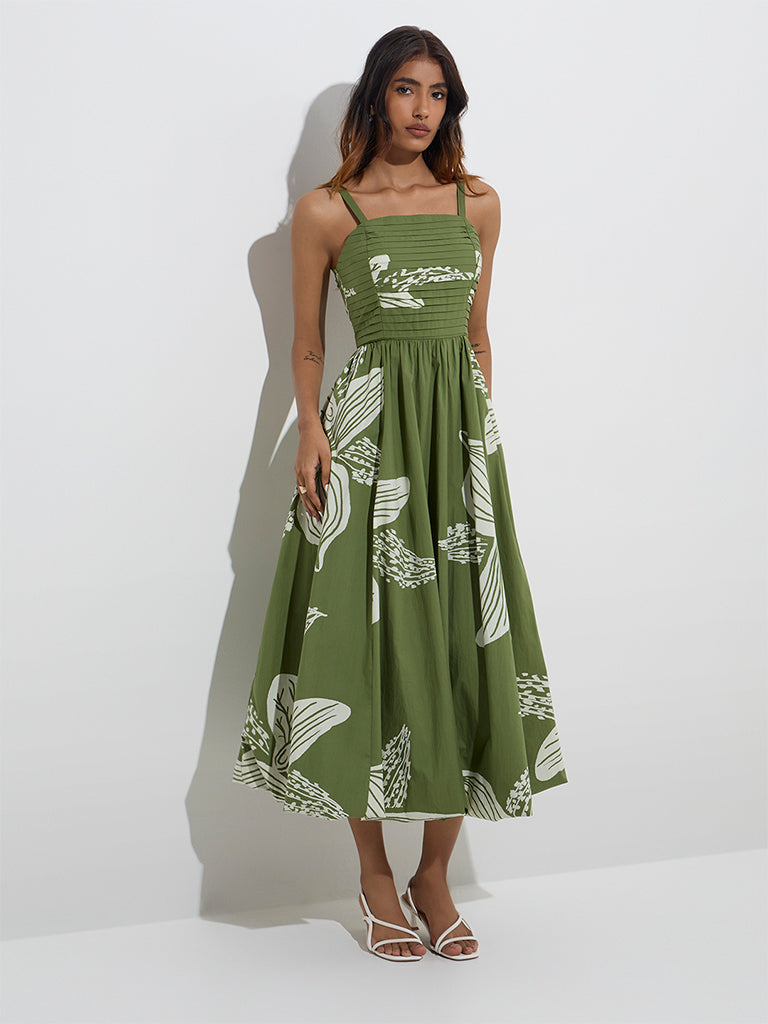 LOV Green Botanical Design Cotton A-Line Dress - Image 3