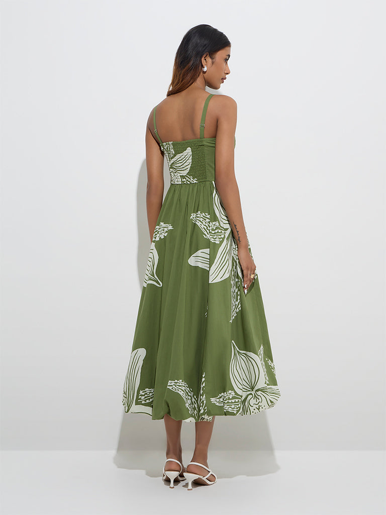 LOV Green Botanical Design Cotton A-Line Dress - Image 4