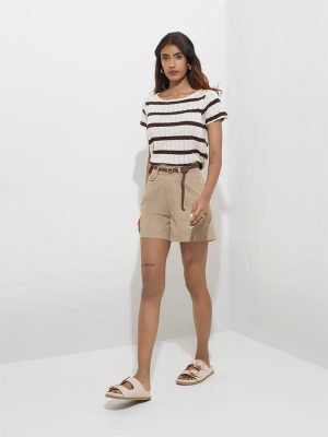 LOV Beige High-Rise Cotton-Blend Shorts with Belt