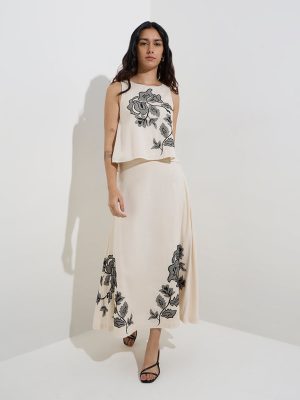 LOV Beige Foliage Embroidered High-Rise Skirt