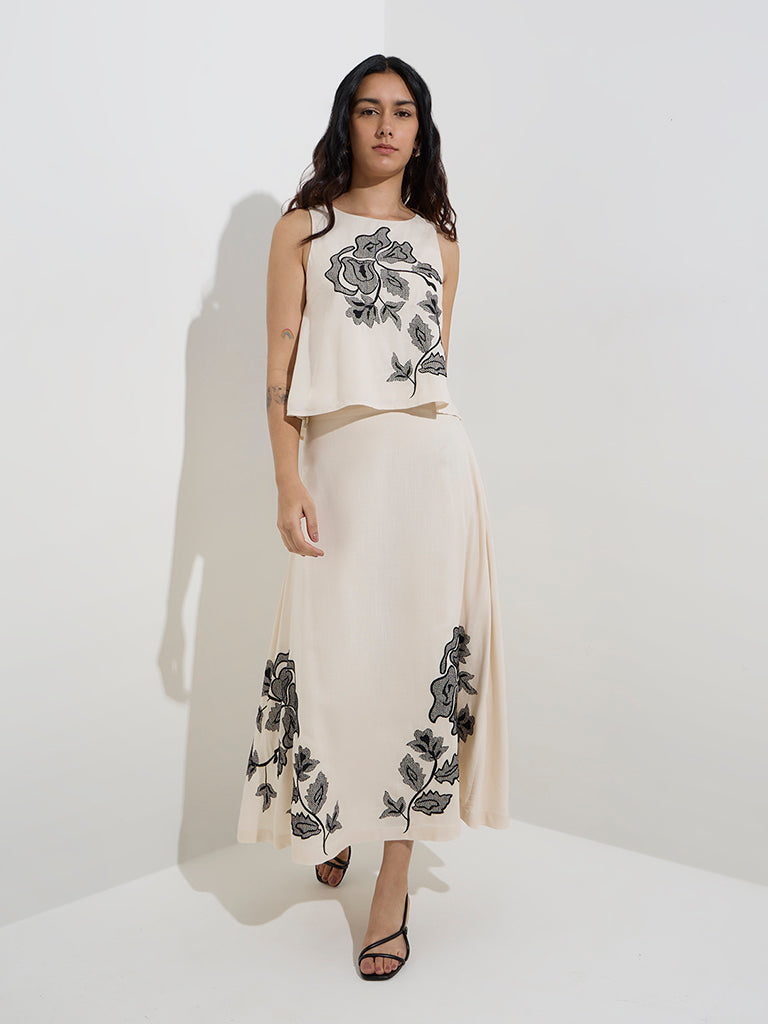LOV Beige Foliage Embroidered High-Rise Skirt