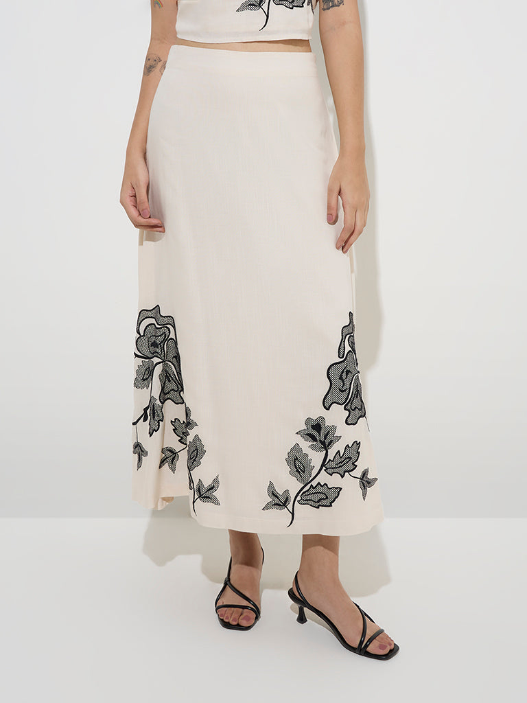 LOV Beige Foliage Embroidered High-Rise Skirt - Image 3