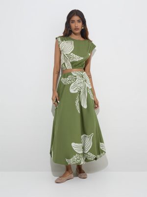 LOV Green Botanical Pattern Mid-Rise Cotton Skirt