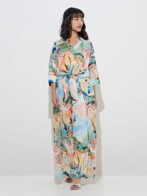 LOV Multicolour Scenic Design High-Rise Cotton Pants