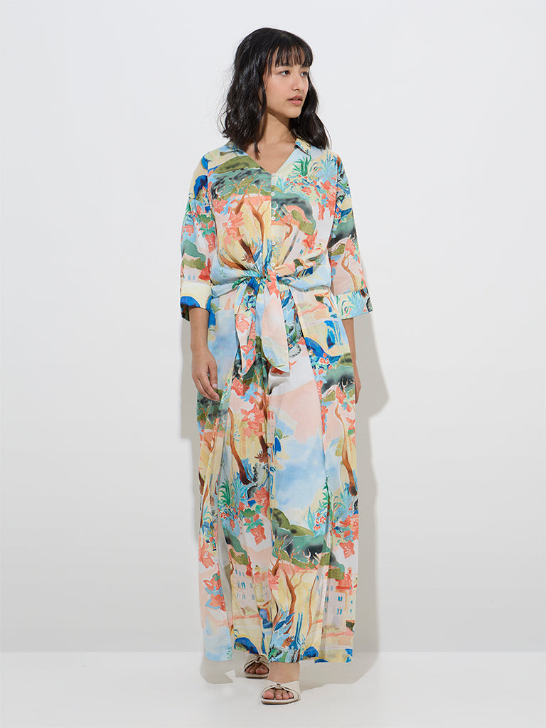 LOV Multicolour Scenic Design High-Rise Cotton Pants