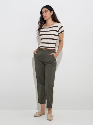 LOV Olive High-Rise Cotton-Blend Trousers