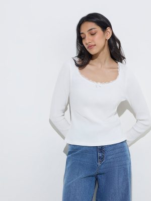LOV White Ribbed-Textured Cotton-Blend Top