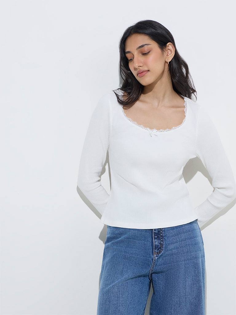 LOV White Ribbed-Textured Cotton-Blend Top