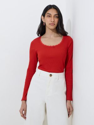 LOV Red Ribbed-Textured Cotton-Blend Top