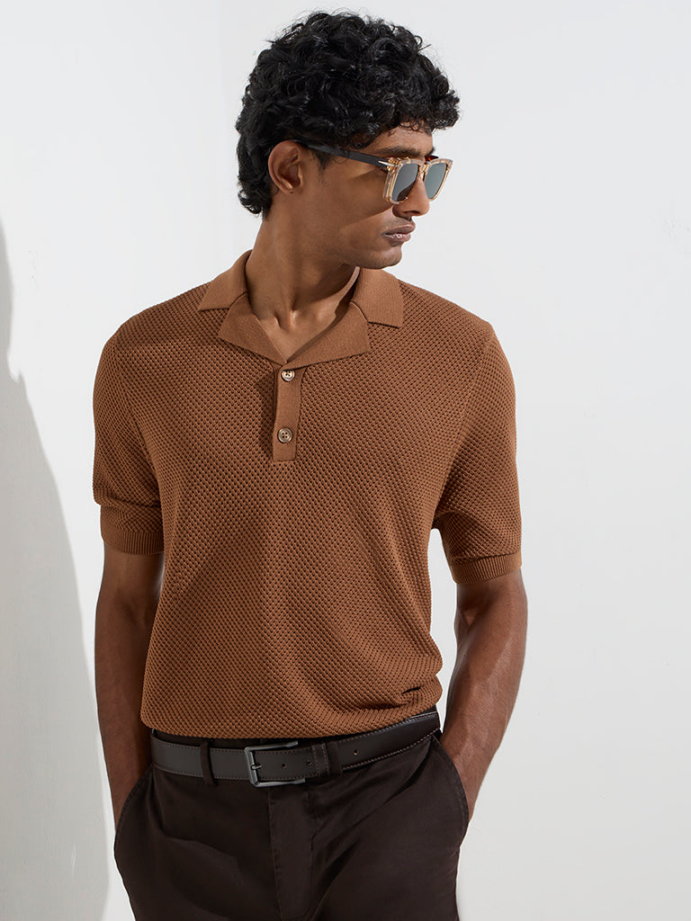 Ascot Brown Knit-Textured Relaxed-Fit T-Shirt