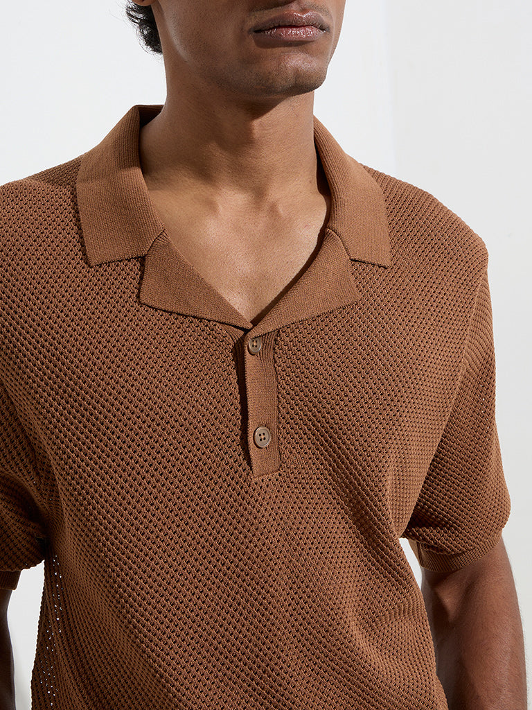 Ascot Brown Knit-Textured Relaxed-Fit T-Shirt - Image 3