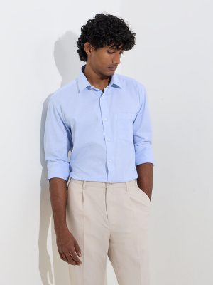 WES Formals Blue Houndstooth Relaxed-Fit Cotton Shirt
