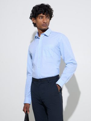 WES Formals Blue Striped Slim-Fit Cotton Shirt