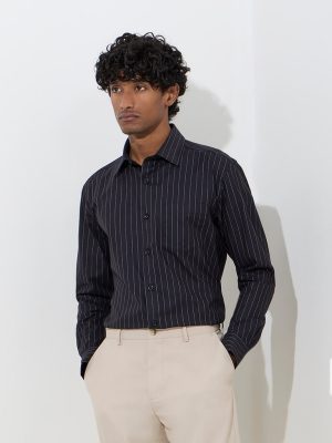WES Formals Black Pinstriped Relaxed-Fit Cotton Shirt