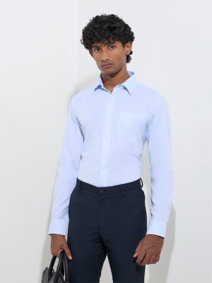 WES Formals Blue Solid Slim-Fit Cotton Shirt