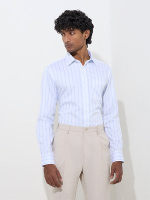 WES Formals Blue Striped Slim-Fit Cotton Shirt