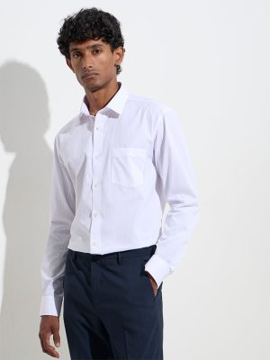 WES Formals White Striped Relaxed-Fit Cotton Shirt