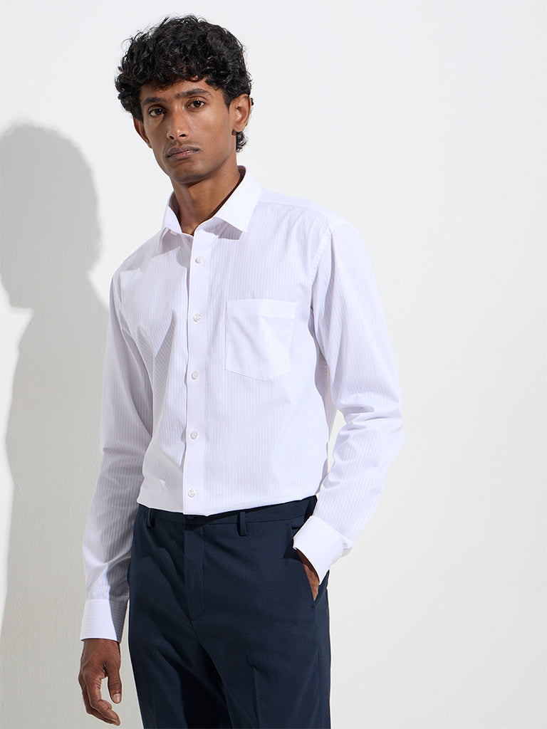 WES Formals White Striped Relaxed-Fit Cotton Shirt