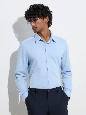 WES Formals Blue Slim-Fit Cotton-Blend Shirt