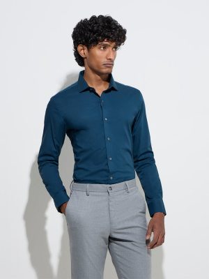 WES Formals Dark Teal Ultra-Slim Fit Cotton Shirt