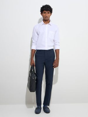 WES Formals Navy Pinstriped Relaxed-Fit Mid-Rise Trousers