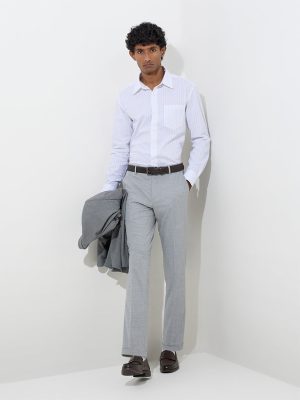 WES Formals Grey Self Pattern Relaxed-Fit Mid-Rise Trousers