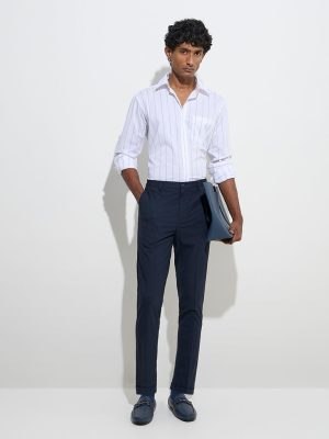 WES Formals Navy Relaxed-Fit Mid-Rise Trousers