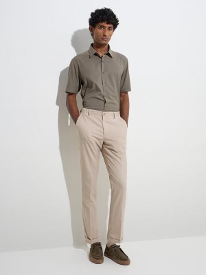 WES Formals Beige Relaxed-Fit Mid-Rise Trousers