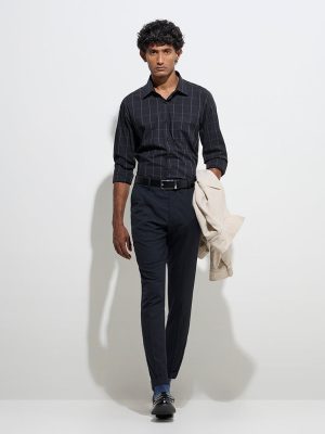 WES Formals Navy Relaxed-Fit Mid-Rise Trousers