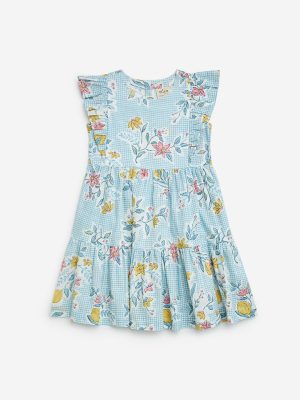 Utsa Kids Blue Floral Printed Cotton A-Line Dress - (2-8yrs)