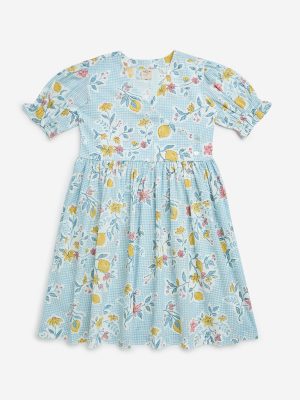 Utsa Kids Blue Fruits Printed Cotton A-Line Dress - (8-14yrs)