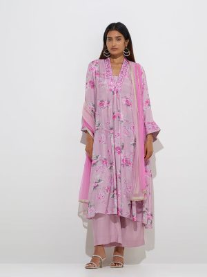 Vark Lilac Floral A-Line Kurta. Palazzos and Dupatta Set
