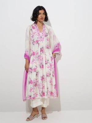 Vark White Floral A-Line Kurta. Palazzos and Dupatta Set