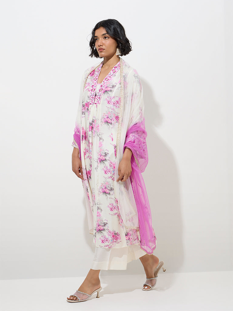 Vark White Floral A-Line Kurta. Palazzos and Dupatta Set - Image 2