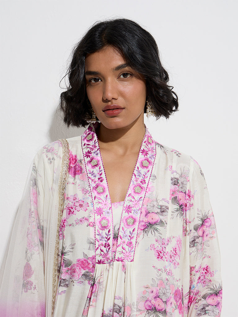 Vark White Floral A-Line Kurta. Palazzos and Dupatta Set - Image 3
