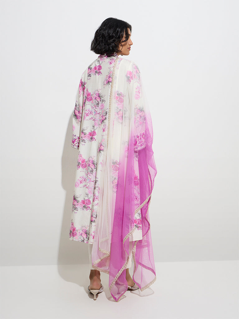 Vark White Floral A-Line Kurta. Palazzos and Dupatta Set - Image 4