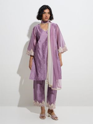 Vark Dark Mauve Floral A-Line Kurti. Pants and Dupatta Set