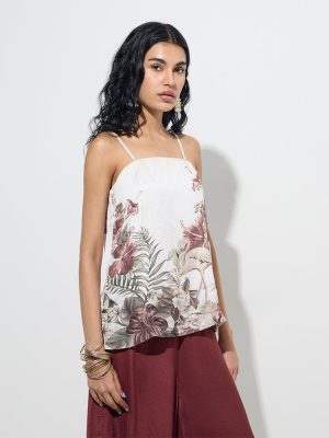 Vark White Foliage Printed Ethnic Top