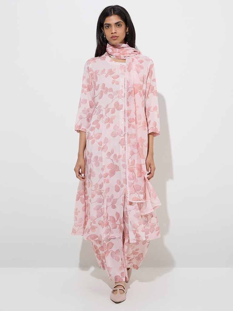 Zuba Pink Leaf Printed Palazzos